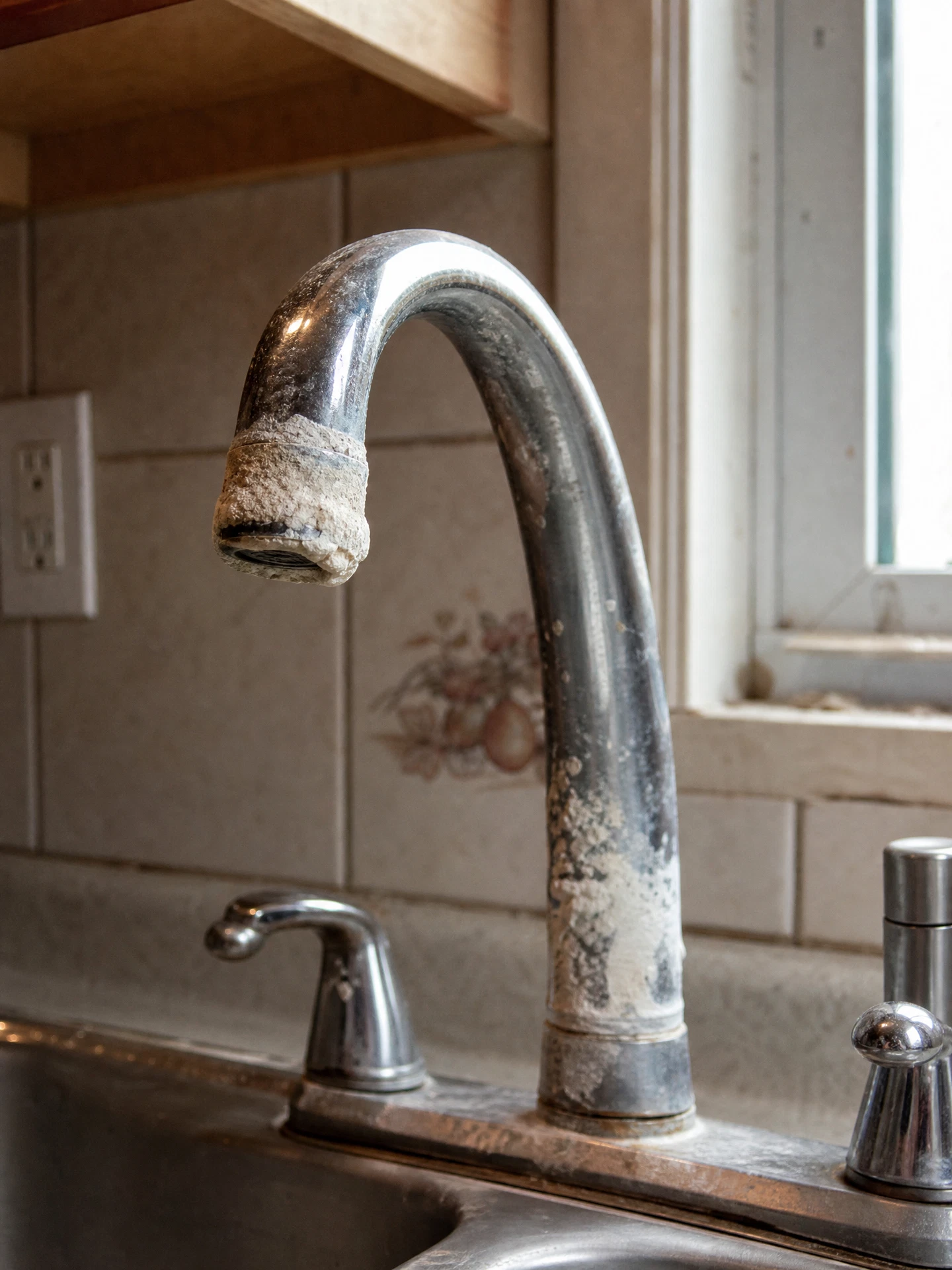 A chrome faucet caked in white limescale from hard water