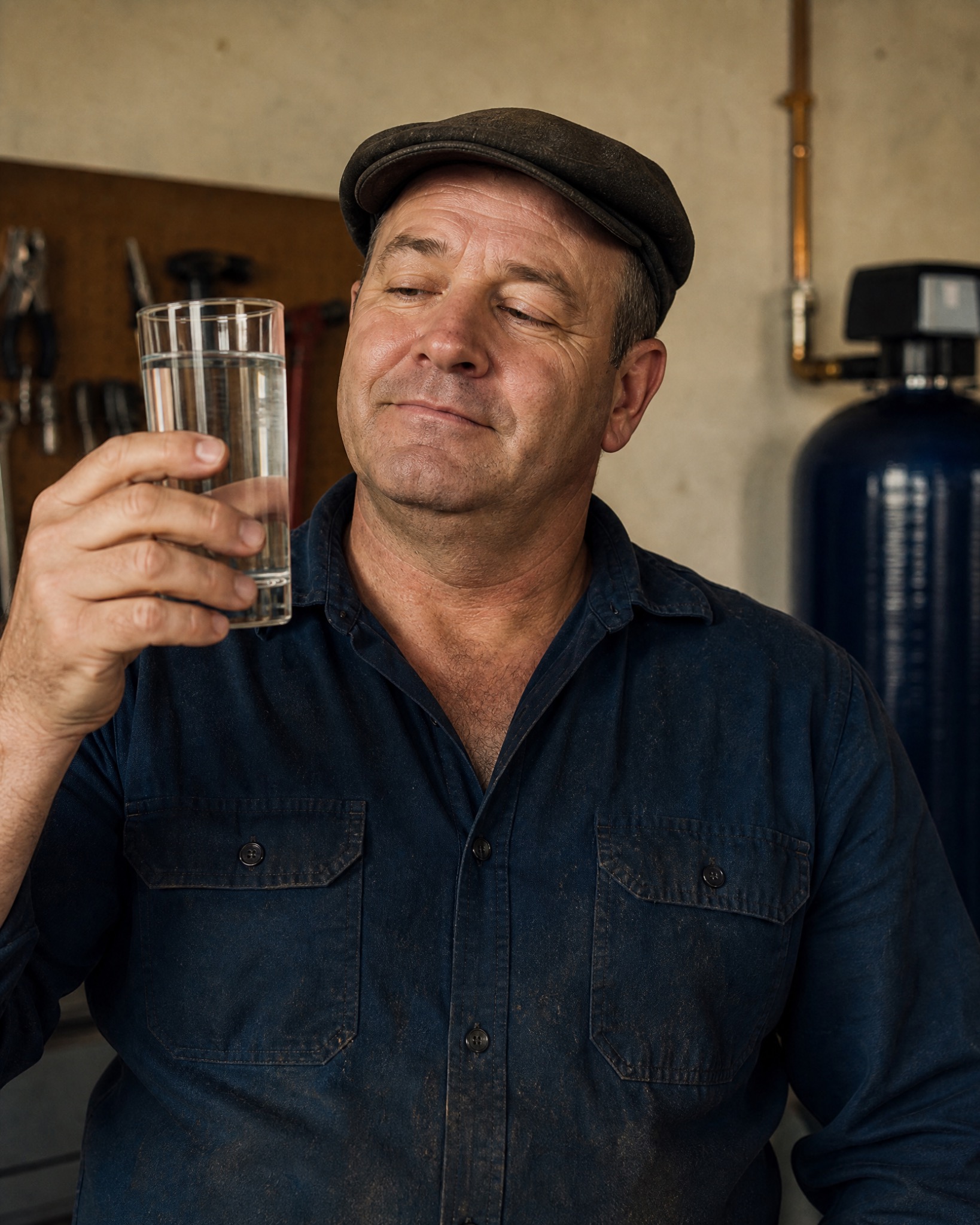 A customer inspecting a glass of filtered water in front of his tank